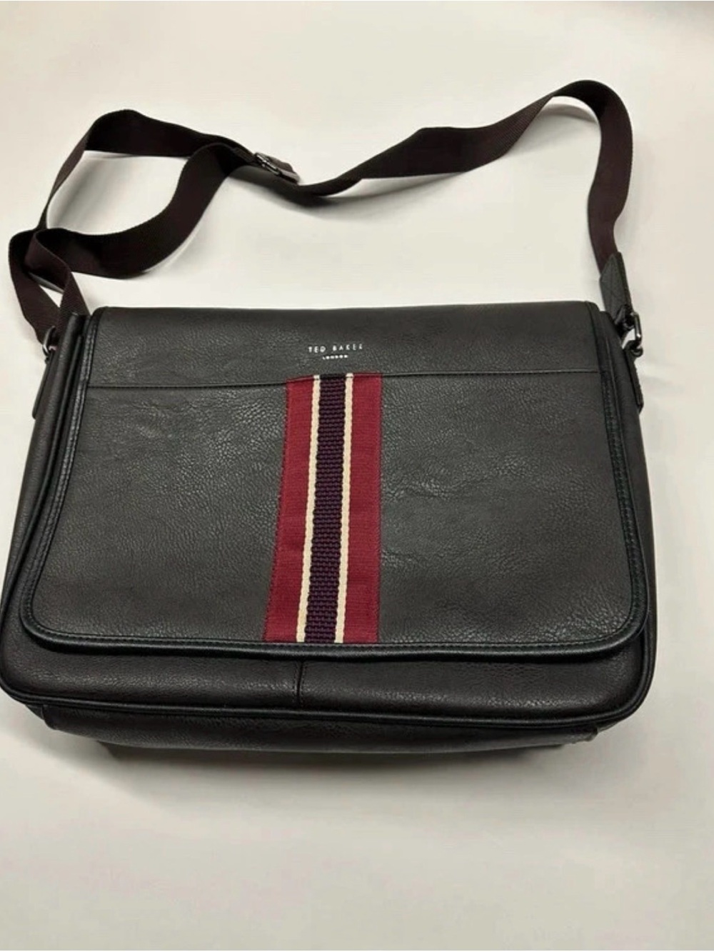 Ted Baker Black Leather Messenger with Burgundy and Cream Stripe